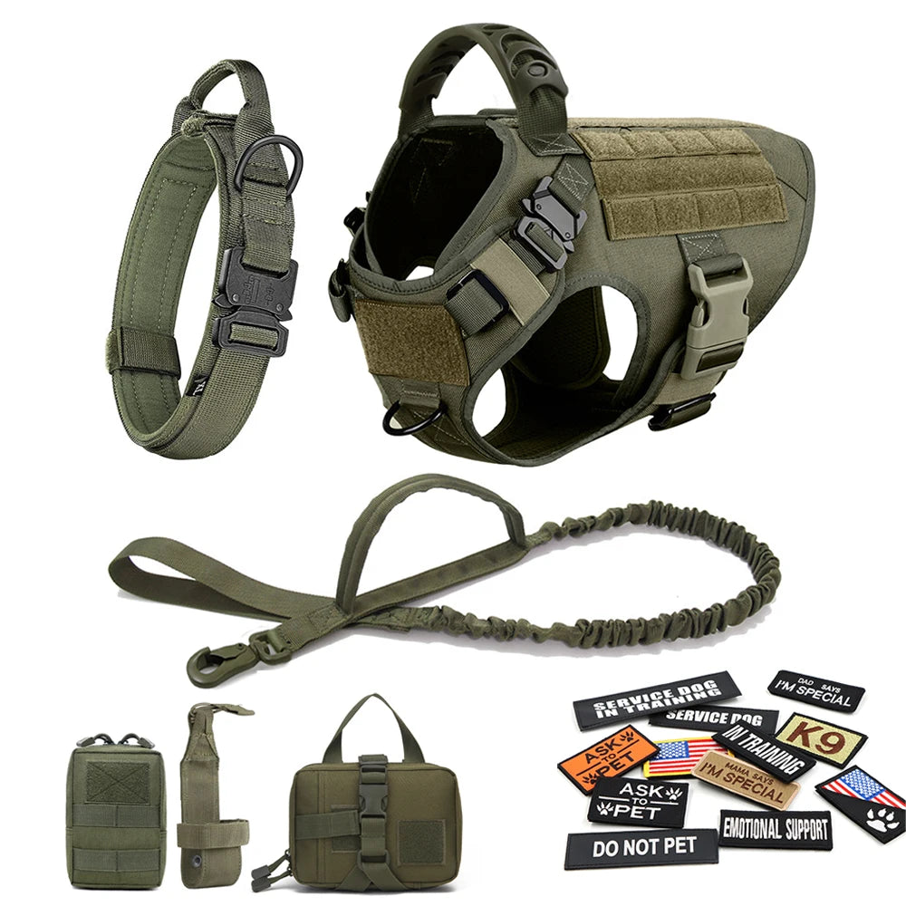 Military Dog Harness Collar Leash Bags Patches Set Training Vests