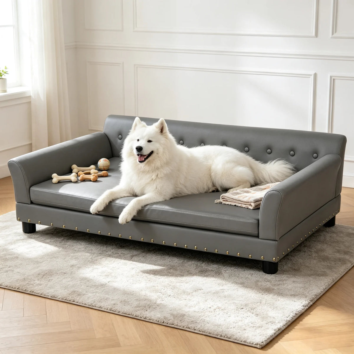 Elevated Dog Sofa for Medium to Large Dogs Microfiber Leather Cover with Removable Cushion