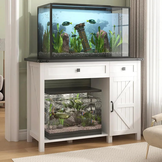40 Gallon Aquarium Stand With Charging Station, Farmhouse Fish Tank Stand, Reptile Tank Stand Terrarium Stand with Drawer and Cabinet