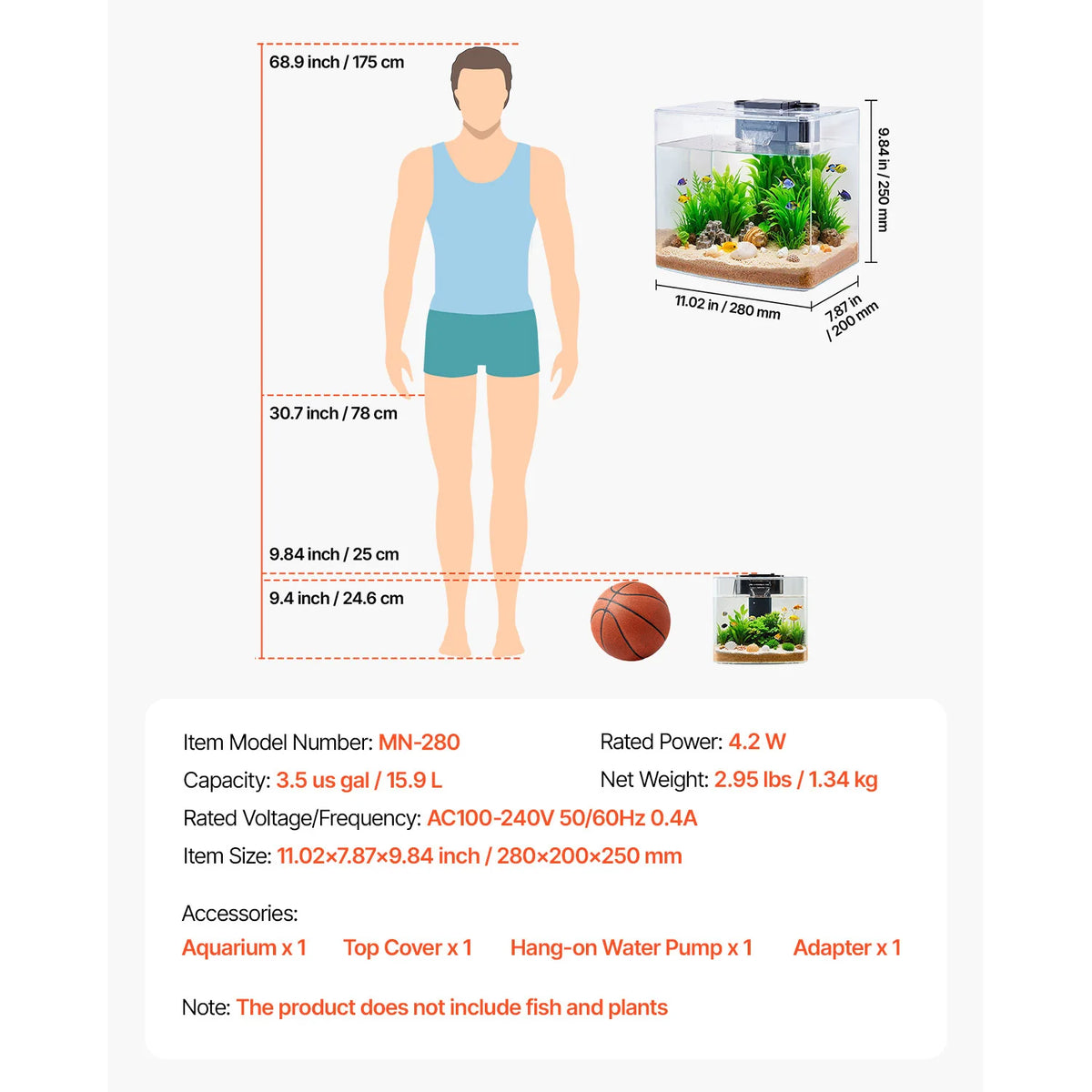 VEVOR Fish Tank Aquarium 3.5Gal Arch Ultra-Clear GPPS Starter Smart Tank Adjustable 3 Color Lighting for Freshwater Fish