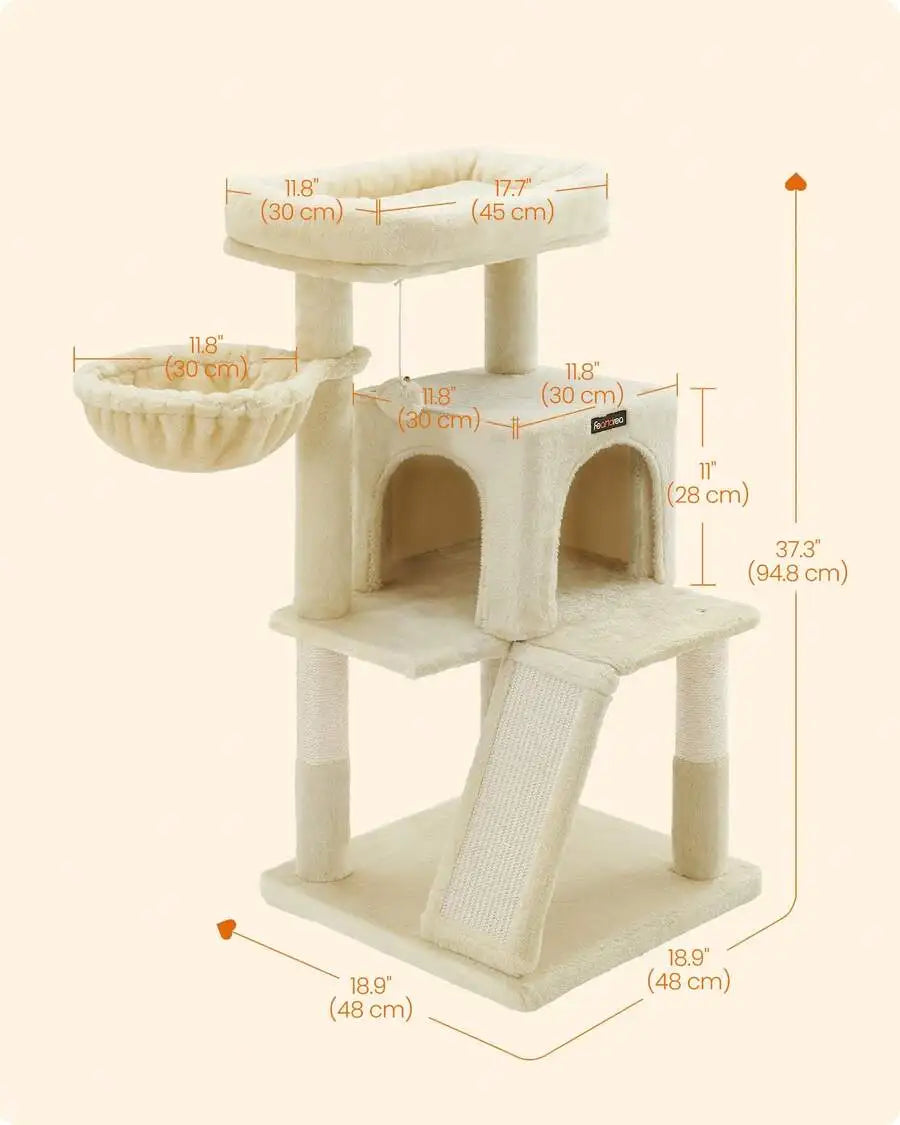 37.8-Inch Cat Tower, Multi-Level Condo With Widened Perch, Scratching Posts And Ramp, 2-Door Cave, Hammock