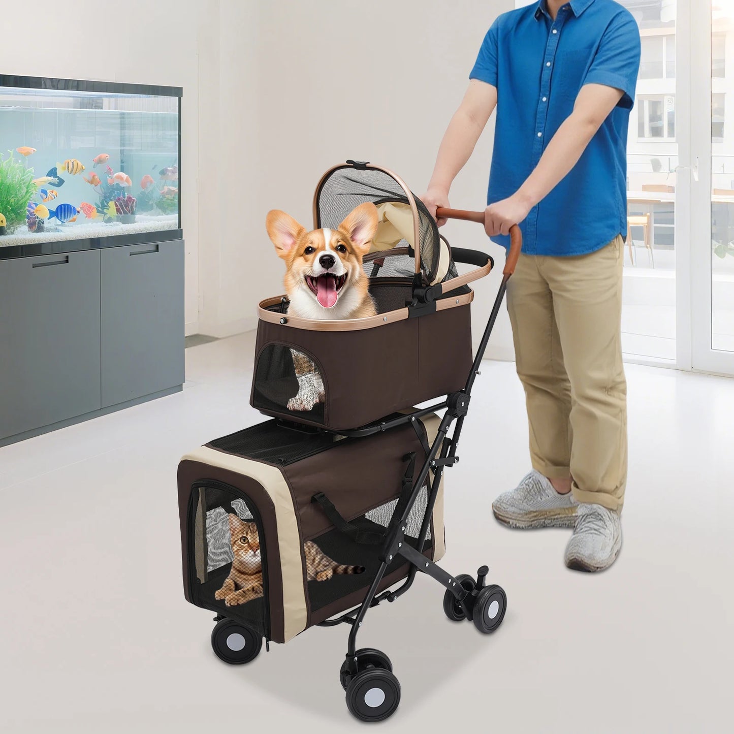 3-in-1 Multifunctional Pet Stroller Foldable with 2 Pet Carriers for Small & Medium