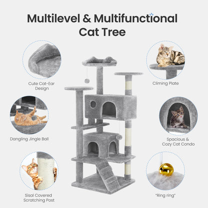 54IN Indoor Cat Tree Tower Multi-Level with Sisal Scratching Post Round Platform Condo with Climbing Ladder