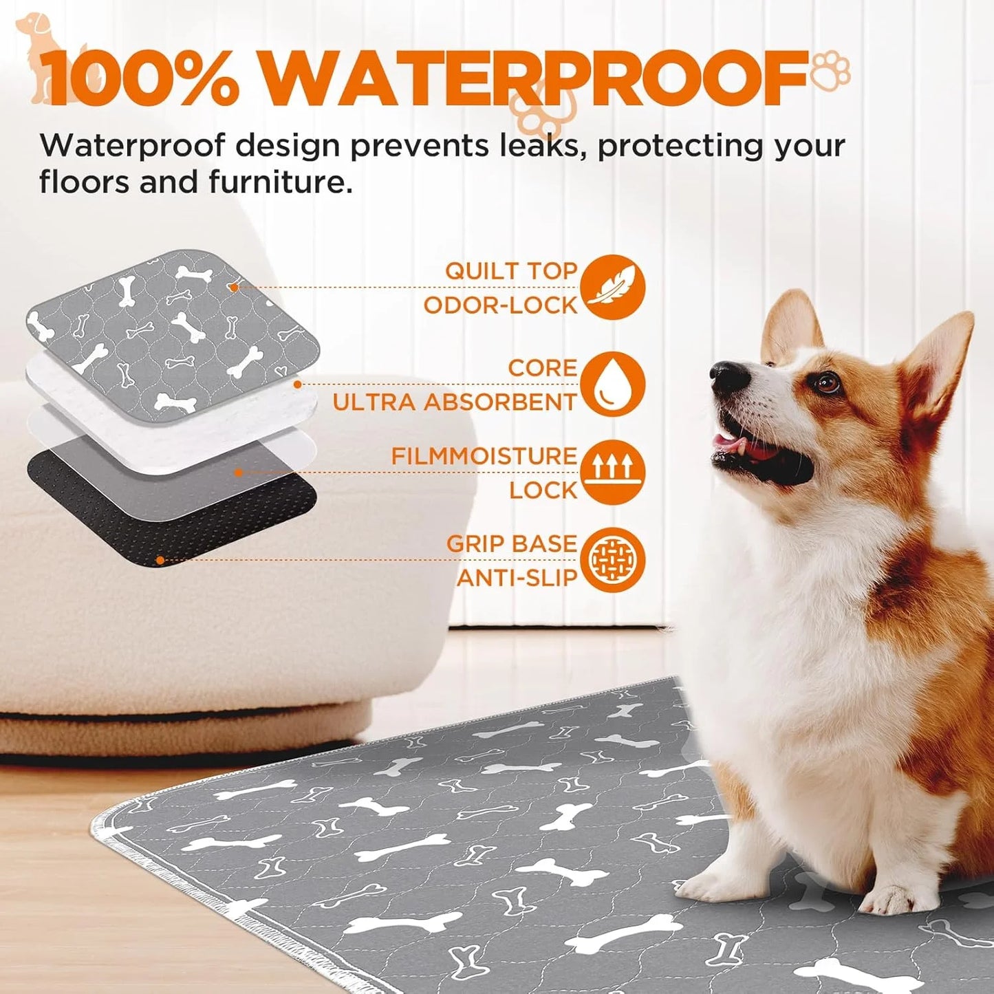 Washable Dog Pee Pads, 2 Pieces Absorbent Pee Pads with Bone Print, Non-Slip Waterproof