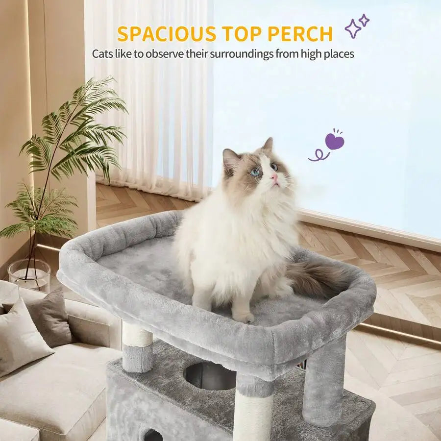 67" Tall Cat Tower For Indoor Cats, Multi-Level House With Condo, 8 Scratching Posts, Hammock, 4 Pom Pom