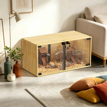 Wooden Hamster Cage Chew-proof Small Animal Habitat Cage with Dual Doors Lock Removable Divider Enclosure