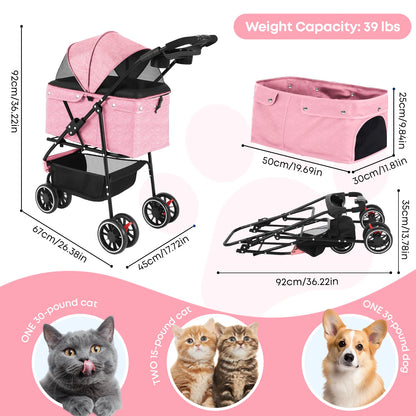 Pet Stroller For Small Puppy Dogs & Cats Portable and Foldable Dog Stroller