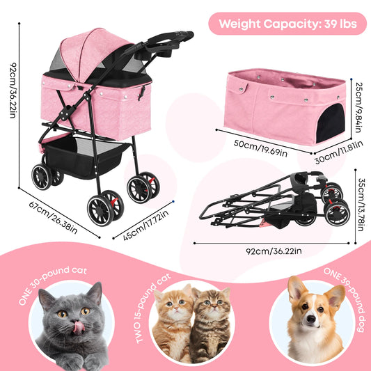 Pet Stroller For Small Puppy Dogs & Cats Portable and Foldable Dog Stroller