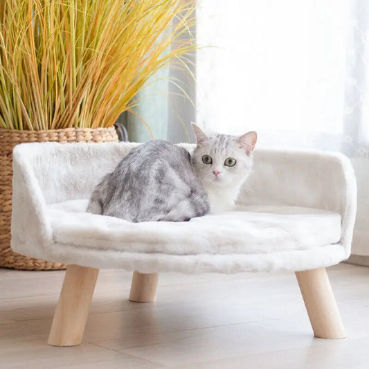 Luxury Soft Cat Bed, Warm Plush Fabric, Pet Nesting Chair, Washable Couch Wood Legs with Cushion Pad