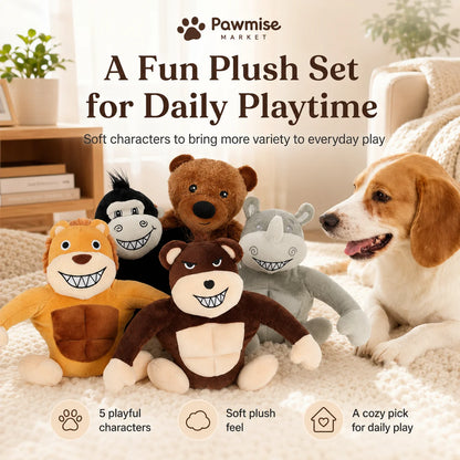 5-Piece Squeaky Plush Pet Toys Set - Lion, Bear, Rhino, Monkey & Chimpanzee - Durable Soft Chew Toys for Dogs & Cats
