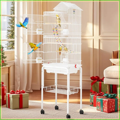 62-inch Metal Bird Cage for Cockatiels, Parrots, Pigeons, Lovebirds with Roof Access and Rolling Stand
