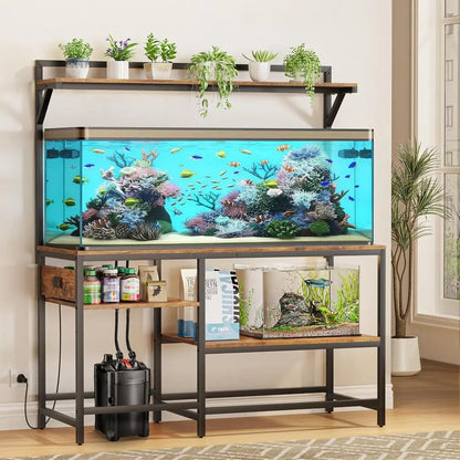 Sturdy 55 Gallon Aquarium Stand with Power Outlet, 6-Leg Support, and 4-Tier Adjustable Shelves for Reptiles