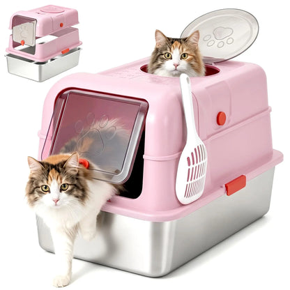 Enclosed Stainless Steel Litter Box With Lid - Dog Proof XL High Sided Anti Leak Front Entry Top Exit For Big Cats Includes