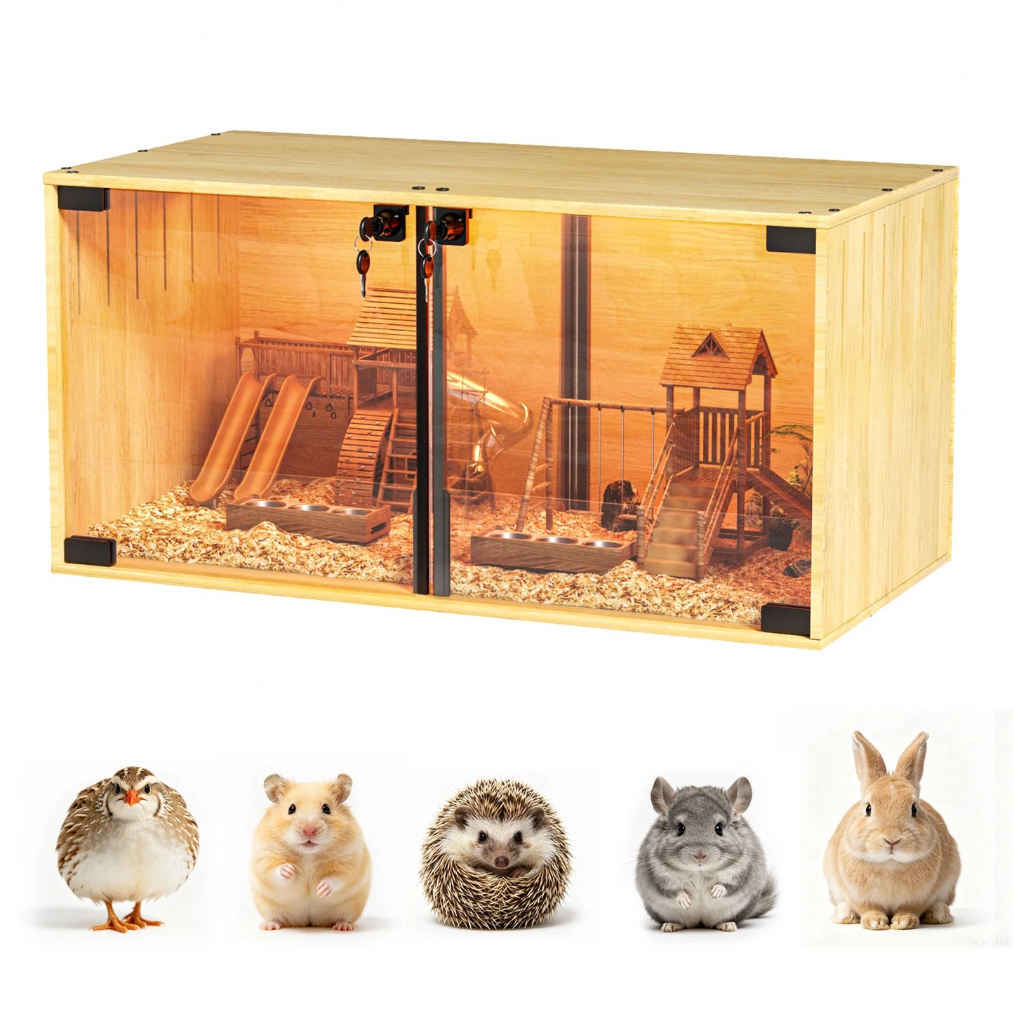 Wooden Hamster Cage Chew-proof Small Animal Habitat Cage with Dual Doors Lock Removable Divider Enclosure