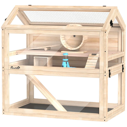Wooden Hamster Cage, 3-Tier Small Animal Cage with Hut, Seesaw, Ramps