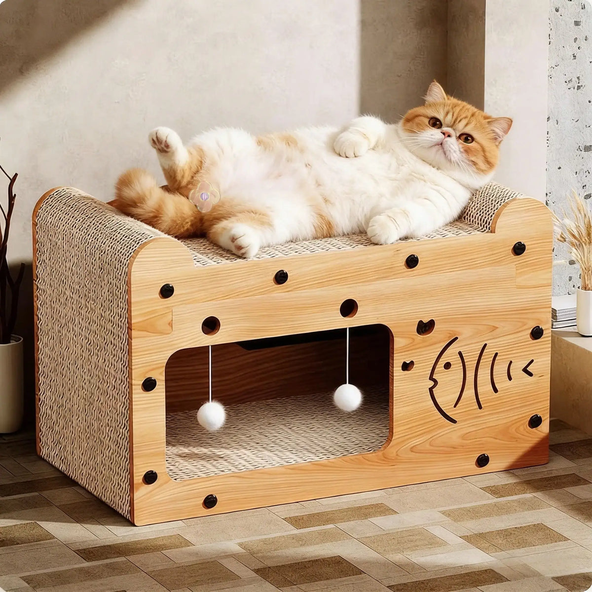 2 In 1 Double Layer Cardboard Cat Scratcher Lounge Bed  Detachable Upper Platform With 2 Hanging Pom Pom Balls