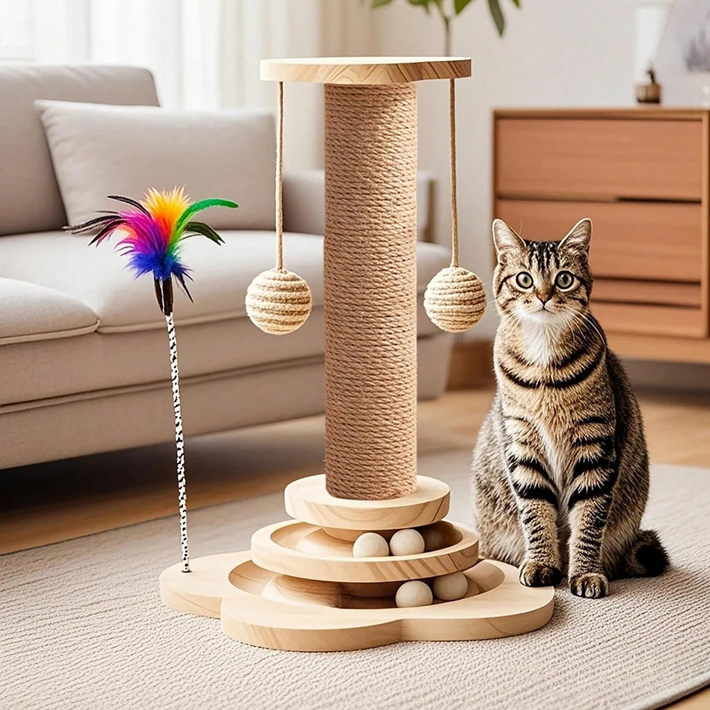 4-in-1 Wooden Cat Scratcher with Ball Track & Feather Toy Self-Play Kitten Activity Center