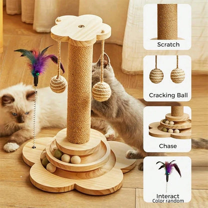 4-in-1 Wooden Cat Scratcher with Ball Track & Feather Toy Self-Play Kitten Activity Center