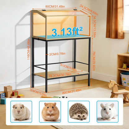 Large Elevated Wooden Hamster Cage with Storage Shelf - Small Animal Cage Habitat Built-in LED Light for Hedgehog Rodent Mice