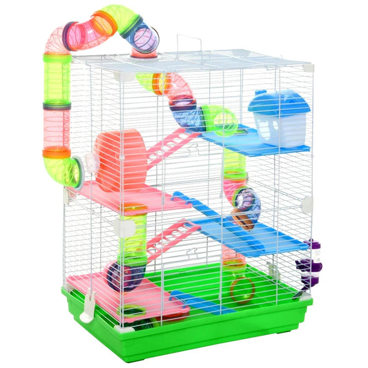 PawHut 18" 5-Tier Hamster Cage with Tubes, Tunnels, Portable Handle, Water Bottle, Food Dish & Exercise Wheel for Small Animals like Rats and Gerbils