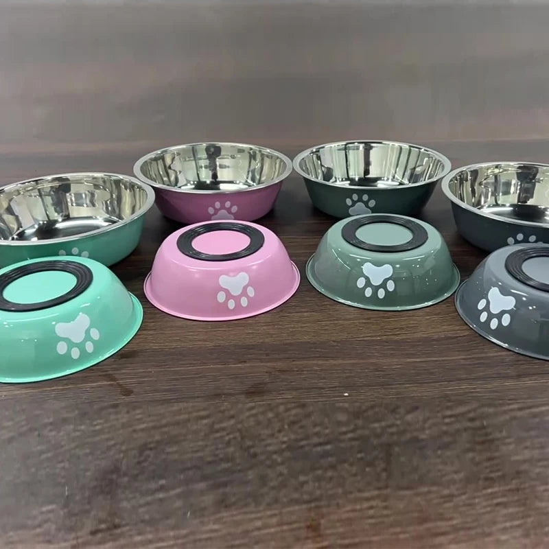 New Stainless Steel Pet Bowl with Paw Print, Silicone Non-Slip Food & Water Feeding Basin