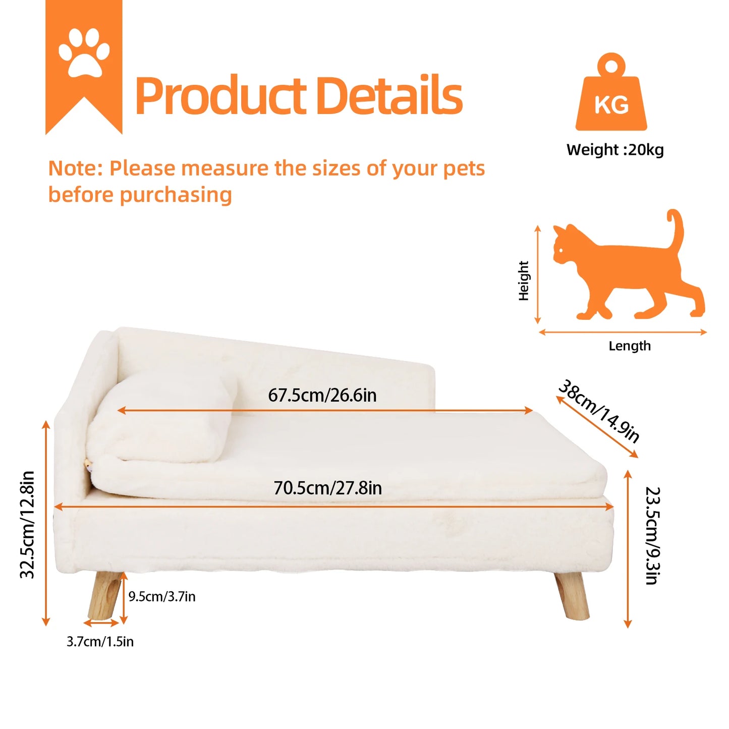 Elevated Pet Bed, with Cozy Pad Waterproof, with Sturdy Wood Legs for Small Dog or Cat