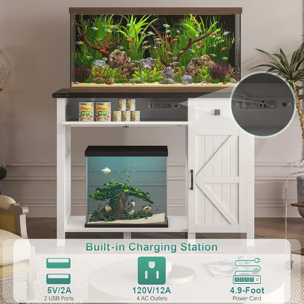 40 Gallon Aquarium Stand With Charging Station, Farmhouse Fish Tank Stand, Reptile Tank Stand Terrarium Stand with Drawer and Cabinet