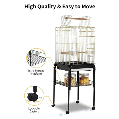 57‘’H Open-Top Bird Cage with Detachable Rolling Stand, With Slide-Out Tray,Storage Shelf,
