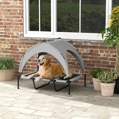 Elevated Dog Bed with Cooling Pad, Removable Canopy, Breathable Mesh, Portable Pet Cot for Large Dogs Indoor Outdoor