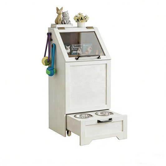 Pet Feeding Station with Raised Bowls and Food Storage Cabinet