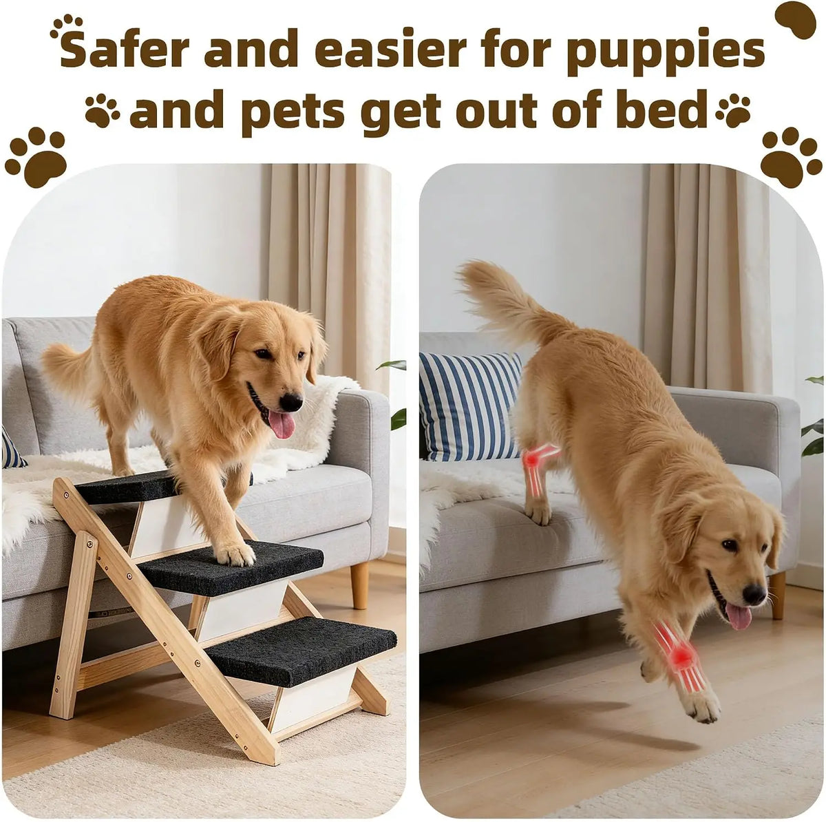 Wood Pet Stairs & Ramp for Aging Pets Small/Medium Dogs and Cats. – 2-in-1 Foldable, Portable, Non-Slip Pet Ladder for Tall Beds, Couches, Cars