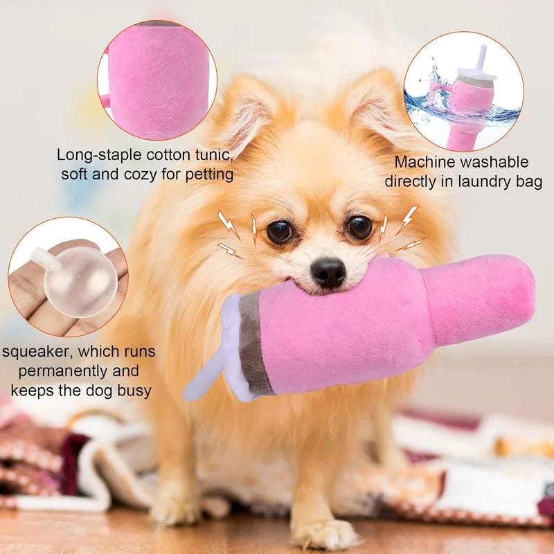 Safe Squeaky Pink Dog Cup Plush Toy - Durable Chew Toy for Small/Medium/Large
