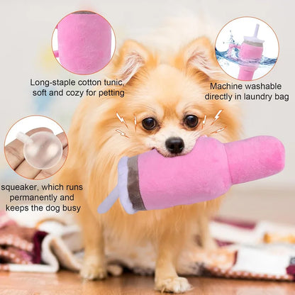 Safe Squeaky Pink Dog Cup Plush Toy - Durable Chew Toy for Small/Medium/Large