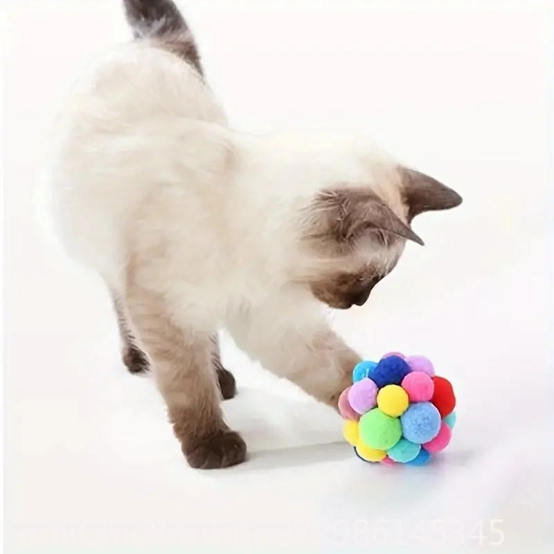 3Pcs Colorful Woolen Cat Plush Ball Toys Elastic Bell Ball Self‑Entertainment